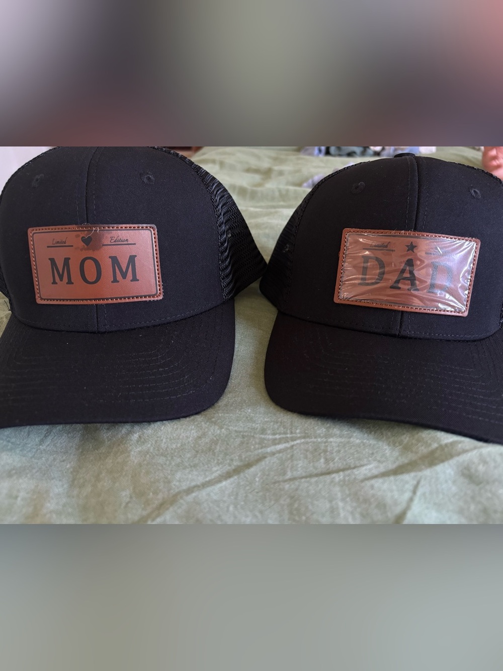 Black Trucker Cap with Brown Leather Patch - Set of 2